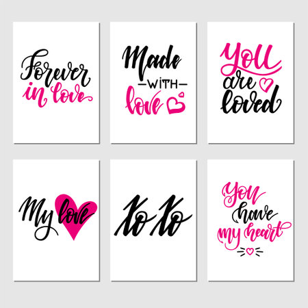 Set of inspirational romantic greeting card with hand lettering. Vector illustration for Valentines day greeting cards, posters, banners and much more.のイラスト素材