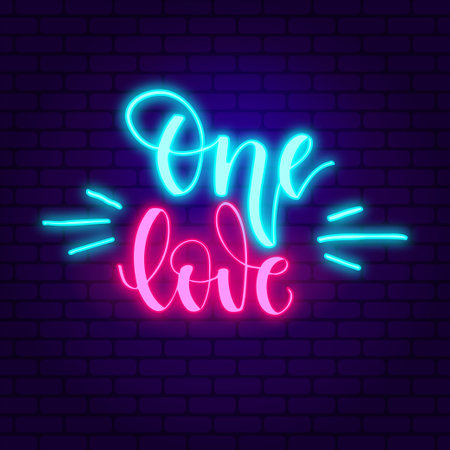 One love. Glowing pink neon incription on dark brick wall background.のイラスト素材
