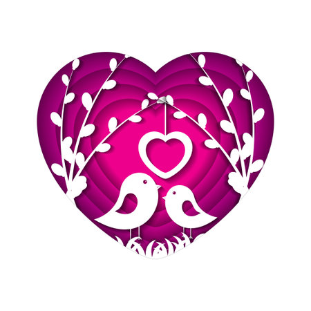 A pair of birds in the spring. Vector illustration for valentine's day greeting card. Paper art. Paper cut out style.のイラスト素材
