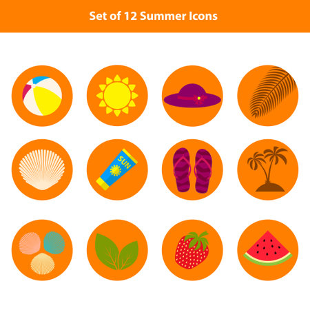Set of summer, beach flat icons on orange round background. Flat design style. Vector illustration. EPS10.のイラスト素材
