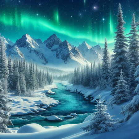 Winter Christmas landscape. Illustration for greeting cards, wallpapers, websites and much more. Created using generative ai toolsの写真素材