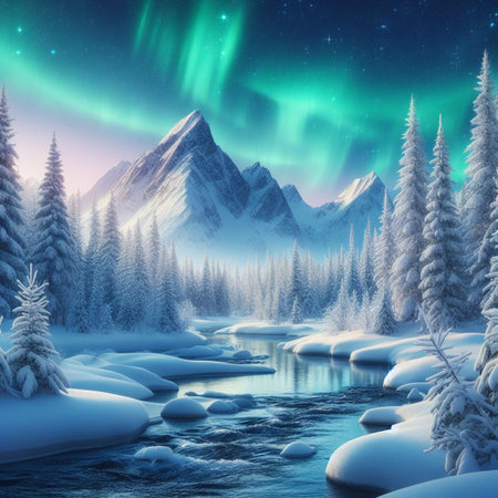 Winter Christmas landscape. Illustration for greeting cards, wallpapers, websites and much more. Created using generative ai toolsの写真素材
