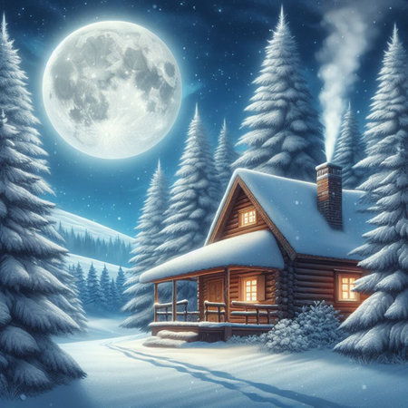 Winter Christmas landscape. Illustration for greeting cards, wallpapers, websites and much more. Created using generative ai toolsの写真素材