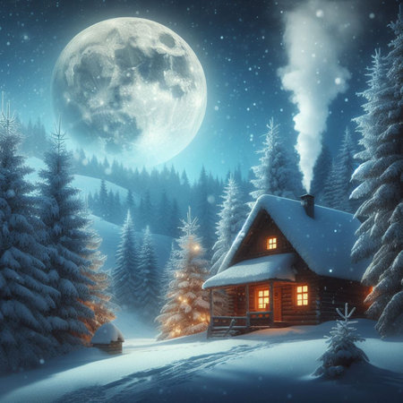 Winter Christmas landscape. Illustration for greeting cards, wallpapers, websites and much more. Created using generative ai toolsの写真素材