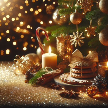 Christmas and New Year background with Christmas decoration on golden bokeh background. For Christmas greeting card, web sites and more. Created using generative ai toolsの写真素材