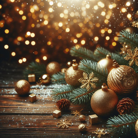 Christmas and New Year background with Christmas decoration on golden bokeh background. For Christmas greeting card, web sites and more. Created using generative ai toolsの写真素材