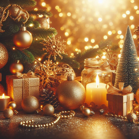 Christmas and New Year background with Christmas decoration on golden bokeh background. For Christmas greeting card, web sites and more. Created using generative ai toolsの写真素材