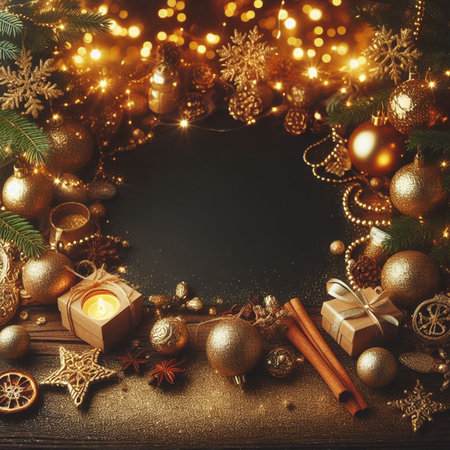 Christmas and New Year background with Christmas decoration on golden bokeh background. For Christmas greeting card, web sites and more. Created using generative ai toolsの写真素材
