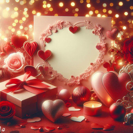 Valentine's Day background with festive decor elements and bokeh effect. Ideal for greeting cards, invitations, phone wallpapers, web sites and more. Created using generative ai toolsの写真素材