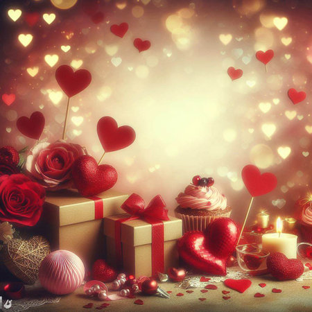 Valentine's Day background with festive decor elements and bokeh effect. Ideal for greeting cards, invitations, phone wallpapers, web sites and more. Created using generative ai toolsの写真素材