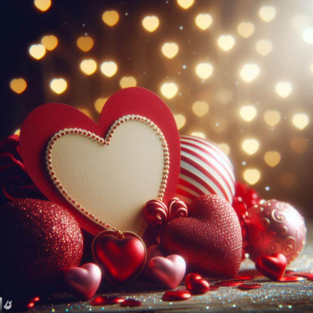 Valentine's Day background with festive decor elements and bokeh effect. Ideal for greeting cards, invitations, phone wallpapers, web sites and more. Created using generative ai toolsの写真素材
