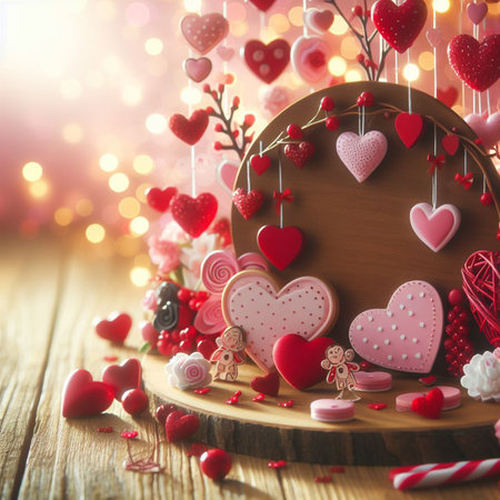 Valentine's Day background with festive decor elements and bokeh effect. Ideal for greeting cards,...