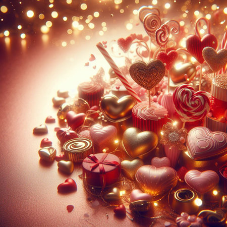 Valentine's Day background with festive decor elements and bokeh effect. Ideal for greeting cards, invitations, phone wallpapers, web sites and more. Created using generative ai toolsの写真素材