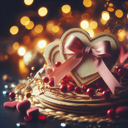 Valentine's Day background with festive decor elements and bokeh effect. Ideal for greeting cards, invitations, phone wallpapers, web sites and more. Created using generative ai toolsの写真素材