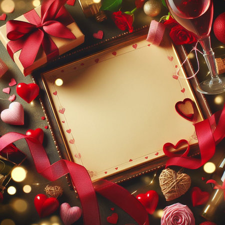 Valentine's Day background with festive decor elements and bokeh effect. Ideal for greeting cards, invitations, phone wallpapers, web sites and more. Created using generative ai toolsの写真素材