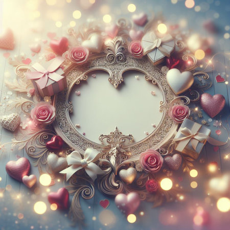 Valentine's Day background with festive decor elements and bokeh effect. Ideal for greeting cards, invitations, phone wallpapers, web sites and more. Created using generative ai toolsの写真素材