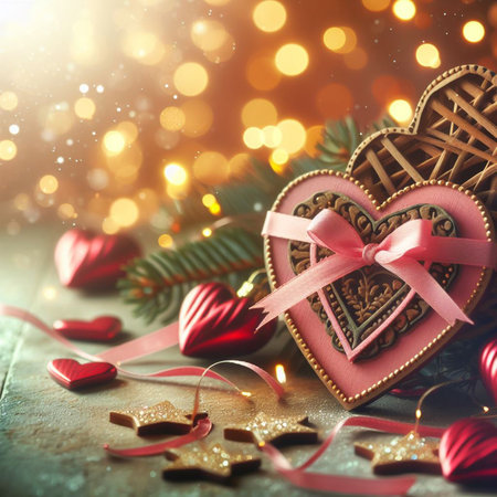 Valentine's Day background with festive decor elements and bokeh effect. Ideal for greeting cards, invitations, phone wallpapers, web sites and more. Created using generative ai toolsの写真素材