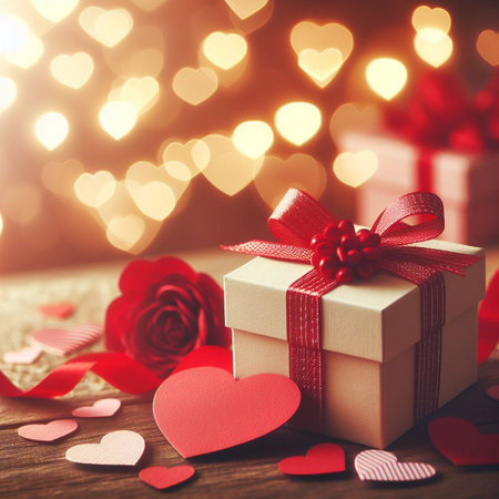 Valentine's Day background with festive decor elements and bokeh effect. Ideal for greeting cards, invitations, phone wallpapers, web sites and more. Created using generative ai toolsの写真素材