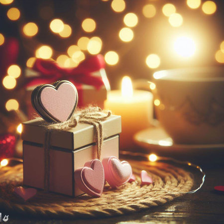 Valentine's Day background with festive decor elements and bokeh effect. Ideal for greeting cards, invitations, phone wallpapers, web sites and more. Created using generative ai toolsの写真素材