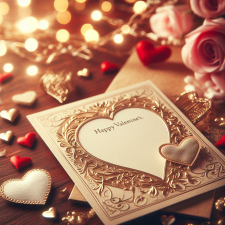 Valentine's Day background with festive decor elements and bokeh effect. Ideal for greeting cards, invitations, phone wallpapers, web sites and more. Created using generative ai toolsの写真素材