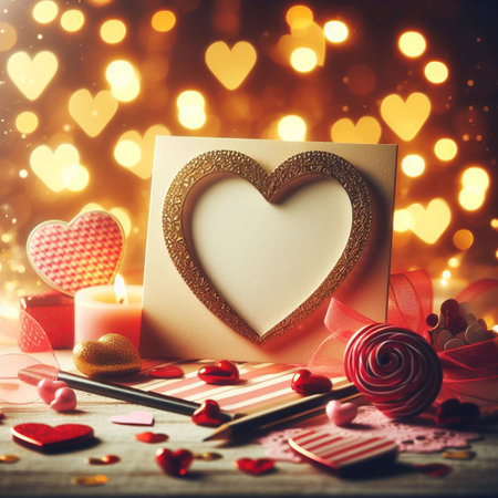 Valentine's Day background with festive decor elements and bokeh effect. Ideal for greeting cards, invitations, phone wallpapers, web sites and more. Created using generative ai toolsの写真素材