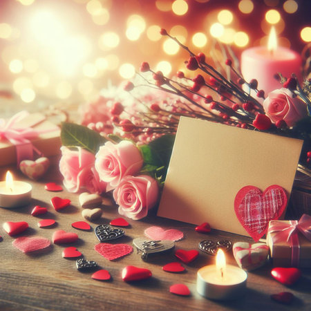 Valentine's Day background with festive decor elements and bokeh effect. Ideal for greeting cards, invitations, phone wallpapers, web sites and more. Created using generative ai toolsの写真素材
