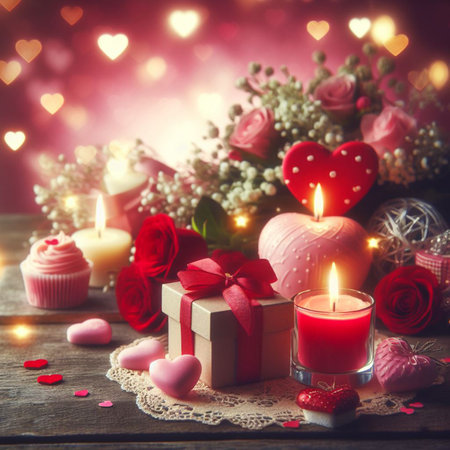 Valentine's Day background with festive decor elements and bokeh effect. Ideal for greeting cards, invitations, phone wallpapers, web sites and more. Created using generative ai toolsの写真素材