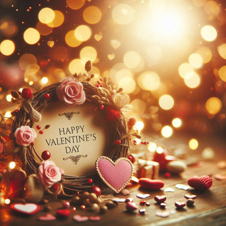 Valentine's Day background with festive decor elements and bokeh effect. Ideal for greeting cards, invitations, phone wallpapers, web sites and more. Created using generative ai toolsの写真素材