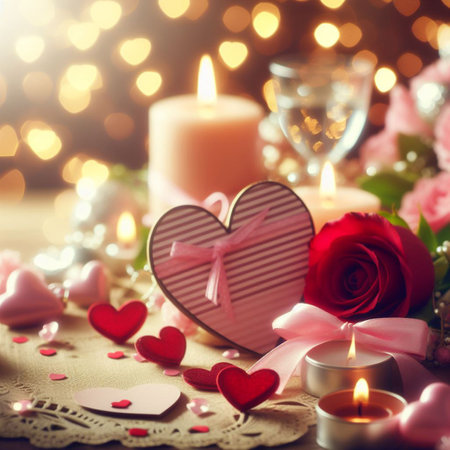 Valentine's Day background with festive decor elements and bokeh effect. Ideal for greeting cards, invitations, phone wallpapers, web sites and more. Created using generative ai toolsの写真素材