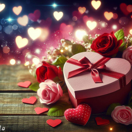 Valentine's Day background with festive decor elements and bokeh effect. Ideal for greeting cards, invitations, phone wallpapers, web sites and more. Created using generative ai toolsの写真素材