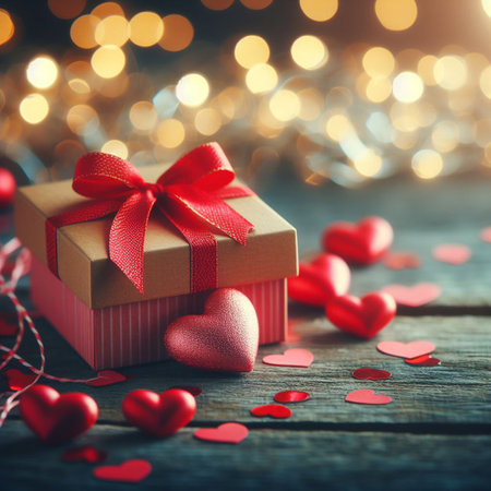 Gift box with red ribbon and hearts on bokeh backgroundの写真素材