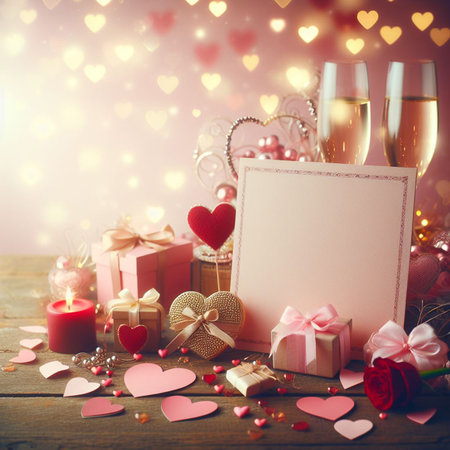 Valentine's Day background with festive decor elements and bokeh effect. Ideal for greeting cards, invitations, phone wallpapers, web sites and more. Created using generative ai tools.の写真素材