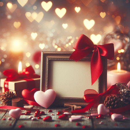 Valentine's day greeting card with hearts and photo frame on bokeh backgroundの写真素材