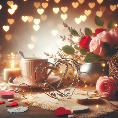 Valentine's Day background with festive decor elements and bokeh effect. Ideal for greeting cards, invitations, phone wallpapers, web sites and more. Created using generative ai tools.の写真素材