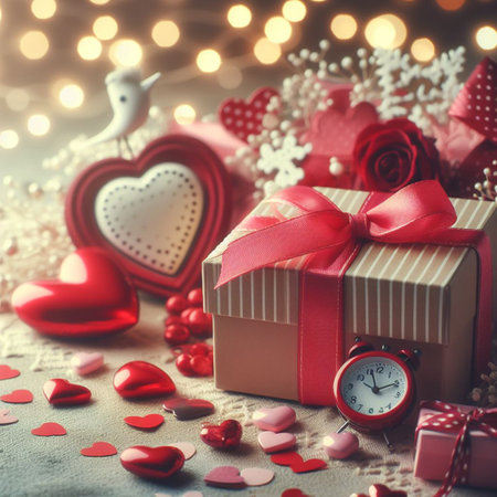 Valentine's day background with red hearts, gift box and alarm clockの写真素材