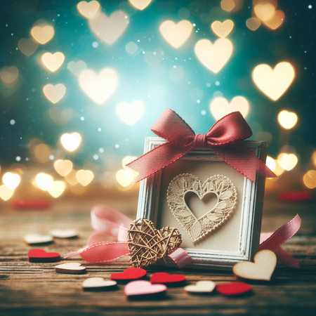 Valentine's day greeting card with gift box and hearts on bokeh backgroundの写真素材