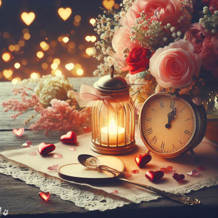 Valentine's Day background with festive decor elements and bokeh effect. Ideal for greeting cards, invitations, phone wallpapers, web sites and more. Created using generative ai tools.の写真素材