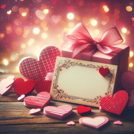Valentine's Day background with festive decor elements and bokeh effect. Ideal for greeting cards, invitations, phone wallpapers, web sites and more. Created using generative ai tools.の写真素材