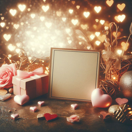 Valentine's Day background with festive decor elements and bokeh effect. Ideal for greeting cards, invitations, phone wallpapers, web sites and more. Created using generative ai tools.の写真素材