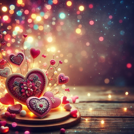 Valentine's Day background with festive decor elements and bokeh effect. Ideal for greeting cards, invitations, phone wallpapers, web sites and more. Created using generative ai tools.の写真素材