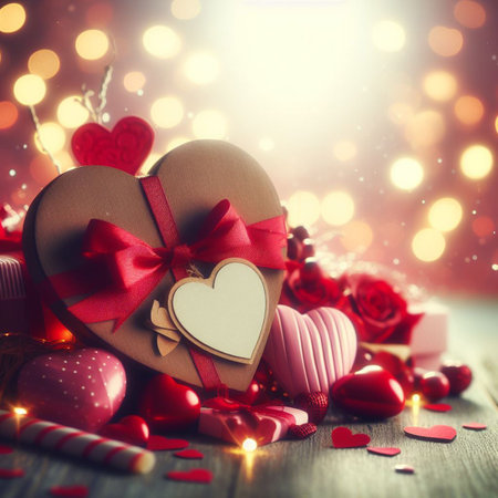 Valentine's Day background with festive decor elements and bokeh effect. Ideal for greeting cards, invitations, phone wallpapers, web sites and more. Created using generative ai tools.の写真素材
