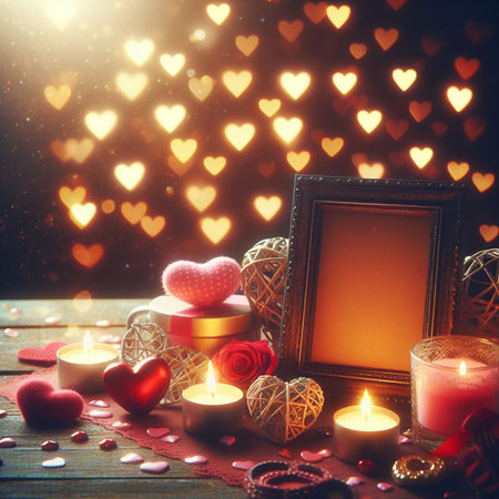 Valentine's Day background with festive decor elements and bokeh effect. Ideal for greeting cards, invitations, phone wallpapers, web sites and more. Created using generative ai tools.の写真素材