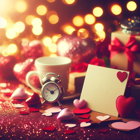 Valentine's Day background with festive decor elements and bokeh effect. Ideal for greeting cards, invitations, phone wallpapers, web sites and more. Created using generative ai tools.の写真素材