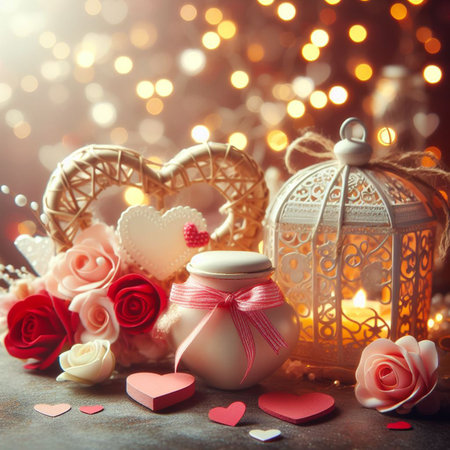 Valentine's Day background with festive decor elements and bokeh effect. Ideal for greeting cards, invitations, phone wallpapers, web sites and more. Created using generative ai tools.の写真素材