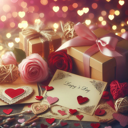 Valentine's Day background with festive decor elements and bokeh effect. Ideal for greeting cards, invitations, phone wallpapers, web sites and more. Created using generative ai tools.の写真素材