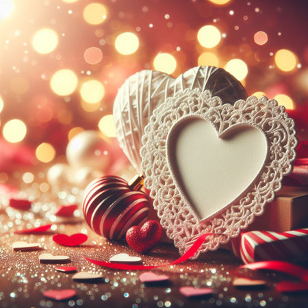 Valentine's Day background with festive decor elements and bokeh effect. Ideal for greeting cards, invitations, phone wallpapers, web sites and more. Created using generative ai tools.の写真素材