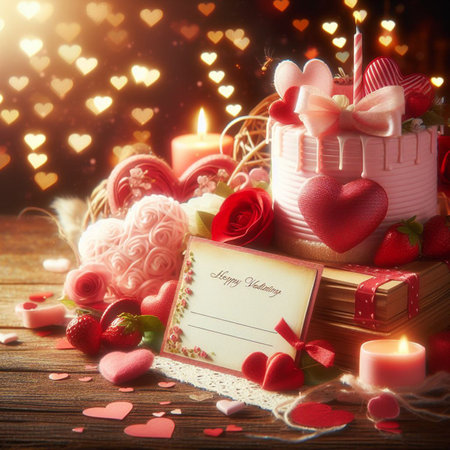 Valentine's Day background with festive decor elements and bokeh effect. Ideal for greeting cards, invitations, phone wallpapers, web sites and more. Created using generative ai tools.の写真素材