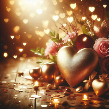 Valentine's Day background with festive decor elements and bokeh effect. Ideal for greeting cards, invitations, phone wallpapers, web sites and more. Created using generative ai tools.の写真素材
