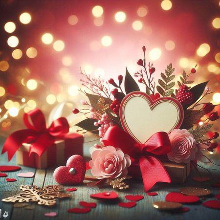 Valentine's Day background with festive decor elements and bokeh effect. Ideal for greeting cards, invitations, phone wallpapers, web sites and more. Created using generative ai tools.の写真素材