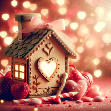 Valentine's Day background with festive decor elements and bokeh effect. Ideal for greeting cards, invitations, phone wallpapers, web sites and more. Created using generative ai tools.の写真素材